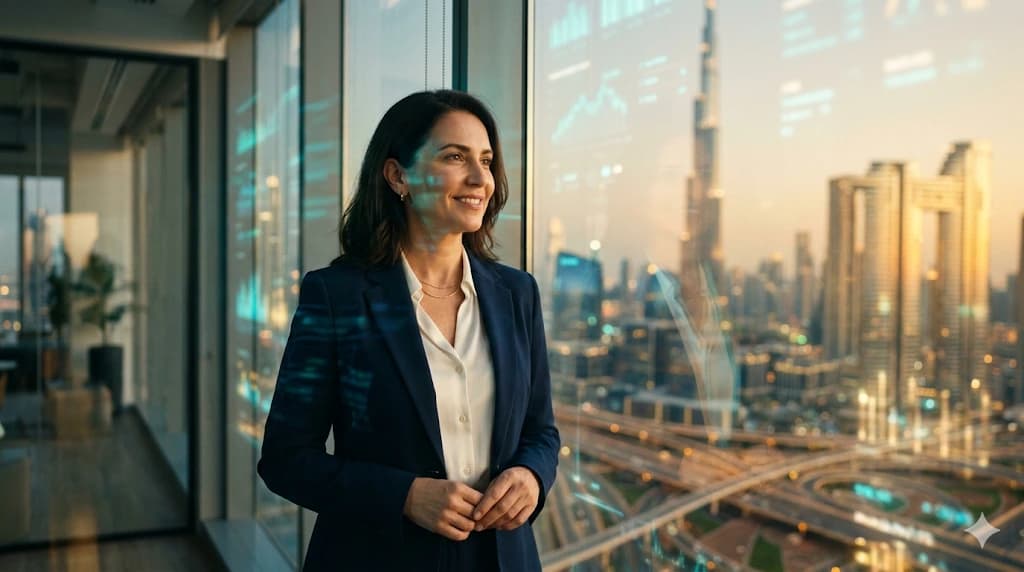 A leader looking out over a city skyline layered with data visualisations